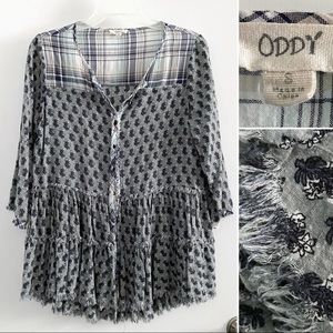 Oddy 100% cotton mixed print free-flowing boho blouse, sage gray, 3/4 sleeves